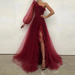 Red One Shoulder Long Sleeves Tulle Prom Dresses Ruffles Sexy High side Slit A-Line ruffles Party Dresses Formal Evening Gowns