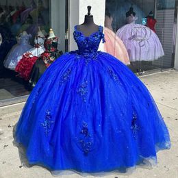 2024 Blue Shiny Sweetheart Floral 3D Flowers Quinceanera Dresses Prom Dress Beaded Corset Back Sweet 15 16 Girls Dress