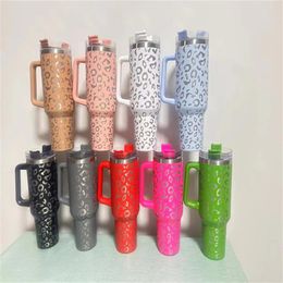 40oz Leopard print Reusable Tumbler with Handle and Straw Stainless Steel Insulated Travel Mug Tumbler Insulated Tumblers Keep Dri252P