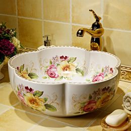 China Painting rose Ceramic Painting Art Lavabo Bathroom Vessel Sinks Round countertop decorative sink bowls bathoom sinks202y