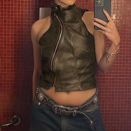 American Retro Asymmetrical Biker Style Leather Vest Girl Zipper Tight Half Collared