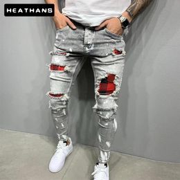 Men Slim-Fit Ripped Male Jeans Painted Fashion Patch Beggar Pants Jumbo Mens Pencil Hip Hop Drop268W