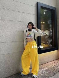 Women's Two Piece Pants korean design fashion Yellow black sports Wide Leg Pant Casual Drawstring Sport Trousers 230909