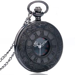 Vintage Charm Black Unisex Fashion Roman Number Quartz Steampunk Pocket Watch Women Man Necklace Pendant with Chain Gifts309O