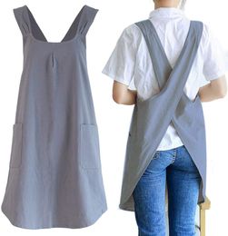 Linen Cross Back Kitchen Cooking Aprons for Women with Pockets Cute for Baking Painting Gardening Cleaning Grey 1224623
