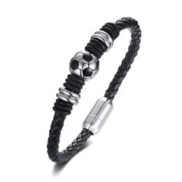 Soccer Bracelet Sports Jewelry Gift for Soccer Lover Football Charm Braided Leather Bracelet with Stainless Steel Magnet Clasp2768