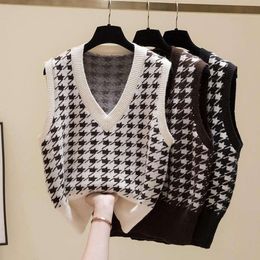 Vest Jacket Knitted Sweater Houndstooth V Neck Vintage Folding