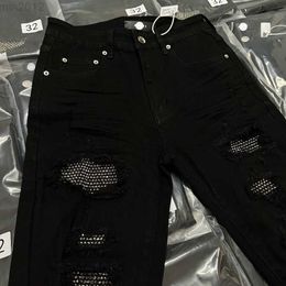 am jeans Black Hot Rolled Diamond Embedding Pants High Street Straight Fit Water Washed Perforated