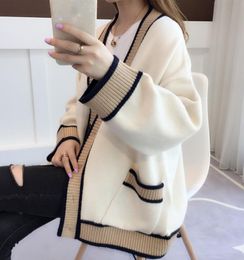 Women's Sweaters 2023 Autumn New Contrast Stripe V-Neck Women's Top Sweater Knit Loose Women's Coat