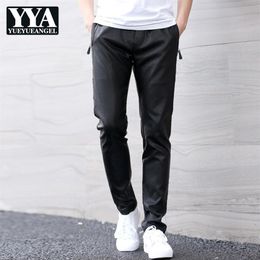 Mens Elastic Waist Pu Leather Harem Pants Straight Casual Streetwear Slim Fit Trousers Male Big Size Faux Leather Black Pants264H