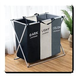 Foldable Dirty Laundry Basket Organiser X-shape Printed Collapsible Three Grid Home Laundry Hamper Sorter Laundry Basket Large T20183x