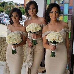 Zarif Omuz Nedime Elbiseleri Uzun denizkızı saten dantel aplikeler Honor Of Honor Gowns 2023 Arapça Aso Ebi Resmi Akşam Düğün Partisi Konuk Elbise
