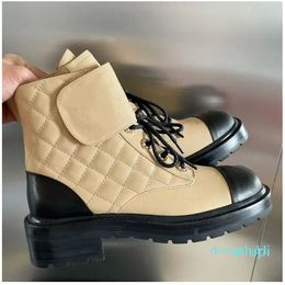 Fashionautumn and winter short lace up nude thick sole heel leather color matching Martin work motor vehicle women's shoe Women' dress Leisure