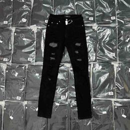 amr Black Hot Rolled Diamond Embedding Pants High Street Straight Fit Water Washed Vtg Perforated Jeans