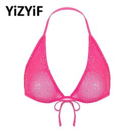 Bras Women Triangle Bra Tops Shiny Rhinestone Halter Neck Hollow Out Fishnet Cups Soft Comfortable Sexy Sheer Bralette236U