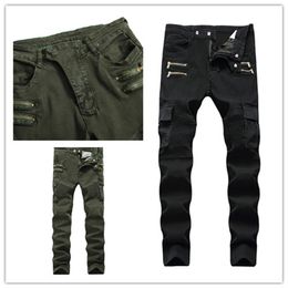 new arrivals mens designer biker rip zipper cargo pants jeans crinkle damage jeans with broken holes slim legs pants us uk siz264A