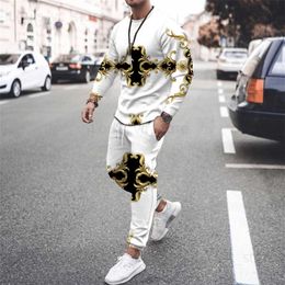 Men's Tracksuits Fashion Men Long Sleeved and Trousers 2 Piece Set 3D Printed Stitching Pattern Vintage Round Neck Breathable High Quality Suit T230910