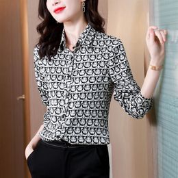 Camicette di seta con stampa casual vintage a maniche lunghe con risvolto Camicetta firmata da donna Runway Lady Office Button Down Camicie 2023 Primavera Autum252S