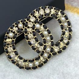 2021 new style hollow black leather braided letters brooch rhinestone pearl brass material fashion elegant jewelry1857