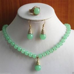 Lovely fashion jewelry 2 colors green jade necklace ring earring set> gold plated whole crystal quartz stone307M