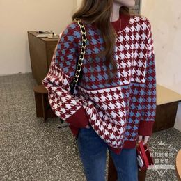 French Retro Sweater Chessboard Plaid Knitted Base Ride Pullover Loose and Lazy Style Coat Autumn Winter Coat Ladies