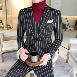 Men's Suits & Blazers Autumn Winter Slim Fit Costume Homme Quality Business Casual Tuxedo Men Korean Plus Size Striped Weddin261K