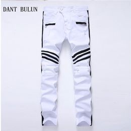 New Mens Ripped Jeans Striped White Straight Skinny Casual Hole Biker Denim Pants Plus Size Trousers 01033130