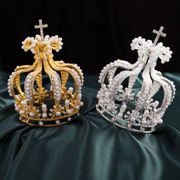 Wedding Hair Jewellery Baroque Bridal Pearls Cross Crown for Party Cake Flowers Tiaras Decoration Birthday Diadem Ornaments 230909