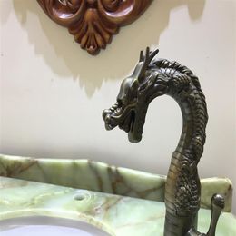 Torneira misturadora de bronze antigo, alça de furo único, pia de banheiro, torneira misturadora de dragão, luxo montado em deck, tap292t