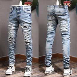 Man Biker Jeans With Plus Size 38 Damage Distressed Fading Destroyed Hole Denim Male301L