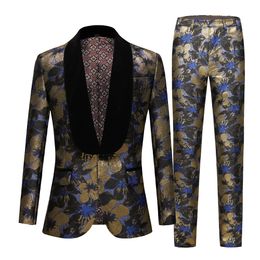 Men's Suits Blazers Navy Blue Floral Jacquard Prom Men for Wedding 2 Piece Slim Fit Groom Tuxedo African Male Fashion Costume Jacket Pants 230909