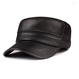 Ball Caps Men's Military Hats Quality Cowhide Genuine Leather Hat Men Autumn Winter Thermal Adjustable Size Flat Roof Baseball