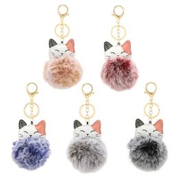 New Faux Rabbit Fur Keychains Cat Fluffy Pompom Animal Pendant Key Chains PU Leather Keyring Bag Hanging Decoration