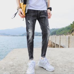 Skinny Tappered Pants Mens Handsome Ripped Ankle-Length Pants Mens Trendy Classic Blue Jeans Korean Slim Fit Mens Wear