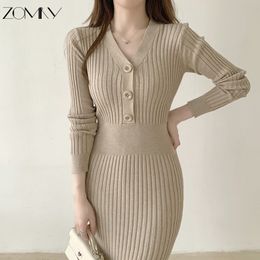 Urban Sexy Dresses ZOMRY Autumn Winter Korean Vintage Knitted Sweater Long Sleeve Woman's Elegant Slim Button VNeck Warm Casual Party Gown 230909