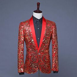 Shiny Red Floral Pattern Sequins Blazer Men Wedding Groom Singer Suit Jacket Male DJ Club Stage Prom Veste de Costume Paillettes235p