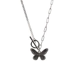 Update Ancient Silver Butterfly Necklace OT Buckle Clasp Necklace Pendants Chains Women Fashion Jewelry