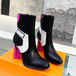 Women Flower-shaped Heel Boot Side Zip Martin Boots High Heels Fashion Booties Black Blue Red Leather