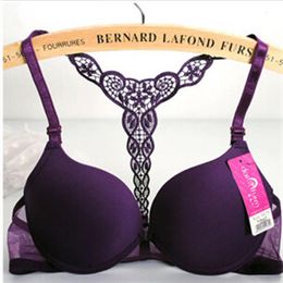 Fashion Women Bra Front Closure Sexy Lace Racer Back Smooth Surface Push Up Underwear Lingerie Sujetador Red Black Purple250P