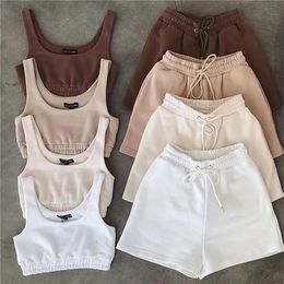 Summer Womens Short Sleeve Two Piece Loungewear Set Solid Color Athleisure Casual Outfits Tank Biker Shorts and Cropped Top Sets 2215U