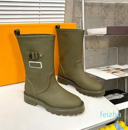 Black Khaki Territory Flat High Boot Women Rain Boot Knee Martin Boots Roman Booties Rubber So Buckle