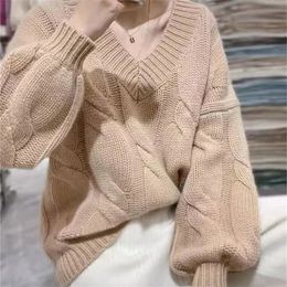 2022v Collar Cable-knit Sweater Womens Autumn and Winter New Loose Slimming Soft Glutinous Idle Style Age Reducing Pullover Knitted Top