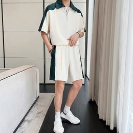 Men's Tracksuits 2023 Patchwork Luxury Sweatshirt Set Fashion Casual Textured Short Sleeve Polo Shirt and Shorts Leisure 2Piece Suit Korean 230909