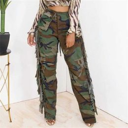 Desinger Casual Women Pants Tights New Halloween Camouflage Personalised Tassel Pocket Trousers205o