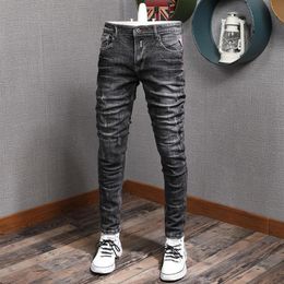 Men's Jeans Fashion Scratched Grey Black Men Autumn Cotton Streetwear Slim Fit Denim Pants309K