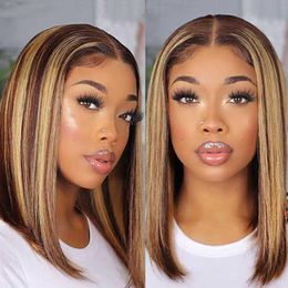 Blonde Highlight Bob Wigs Human Hair 150% Remy Pre Plucked Brazilian P4 27 Ombre Lace Closure Wig 4x1 T Part Short Bob Human Hair 294w