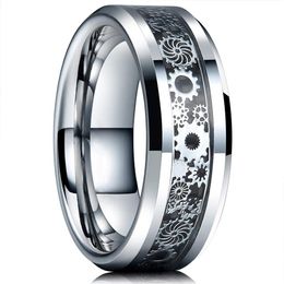 Vintage Silver Colour Gear Wheel Stainless Steel Men Rings Celtic Dragon Black Carbon Fibre Inlay Ring Mens Wedding Band221m