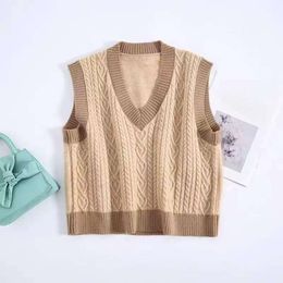 Autumn And Winter Womens Vests Wear Lazy Wind V Neck Loose All Matching Knitted Vest Sweater Twisted Pattern Colour