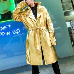 Men's Trench Coats Gold Shining Windbreaker Hiphop Dj Club Outfits Silver Bright Stage Costumes Singers Dancer Mens Party Wear Steampunk Clothing 230909