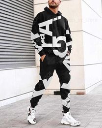 Men's Tracksuits New Black White Letter Printed Hoodie + Pants Suit Cool Men/Women 2 Pcs Sportwear Tracksuit Set Autumn And Winter Men's Clothing T230910